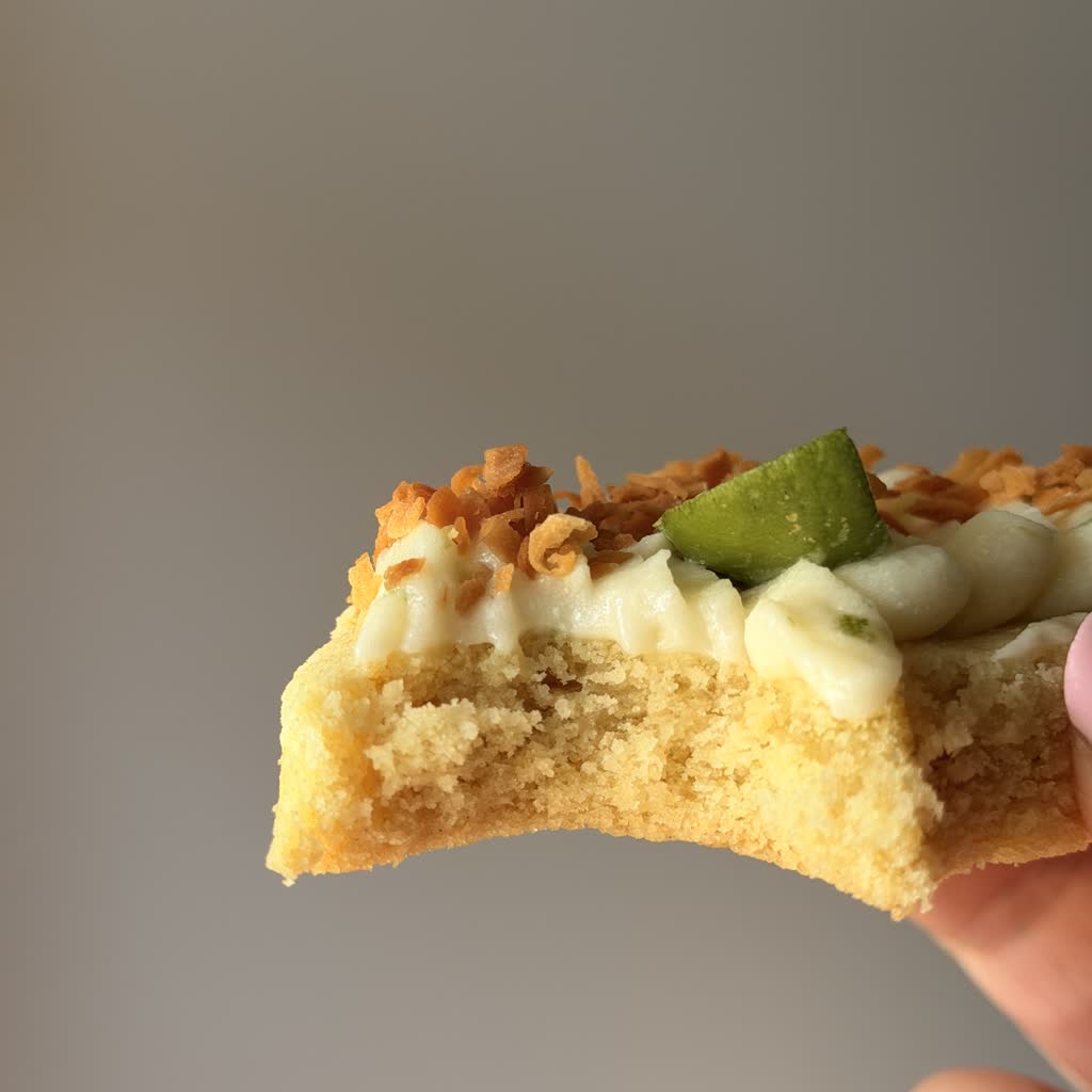 Toasted coconut sugar cookie topped with key lime frosting!